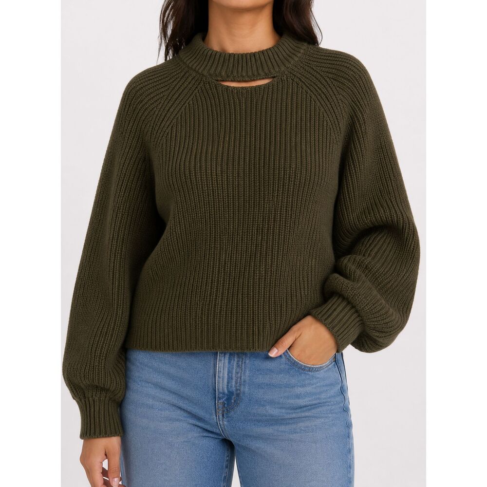 Pact Organic Cotton Ribbed Sweater Olive Green Split Neck Balloon Sleeve S